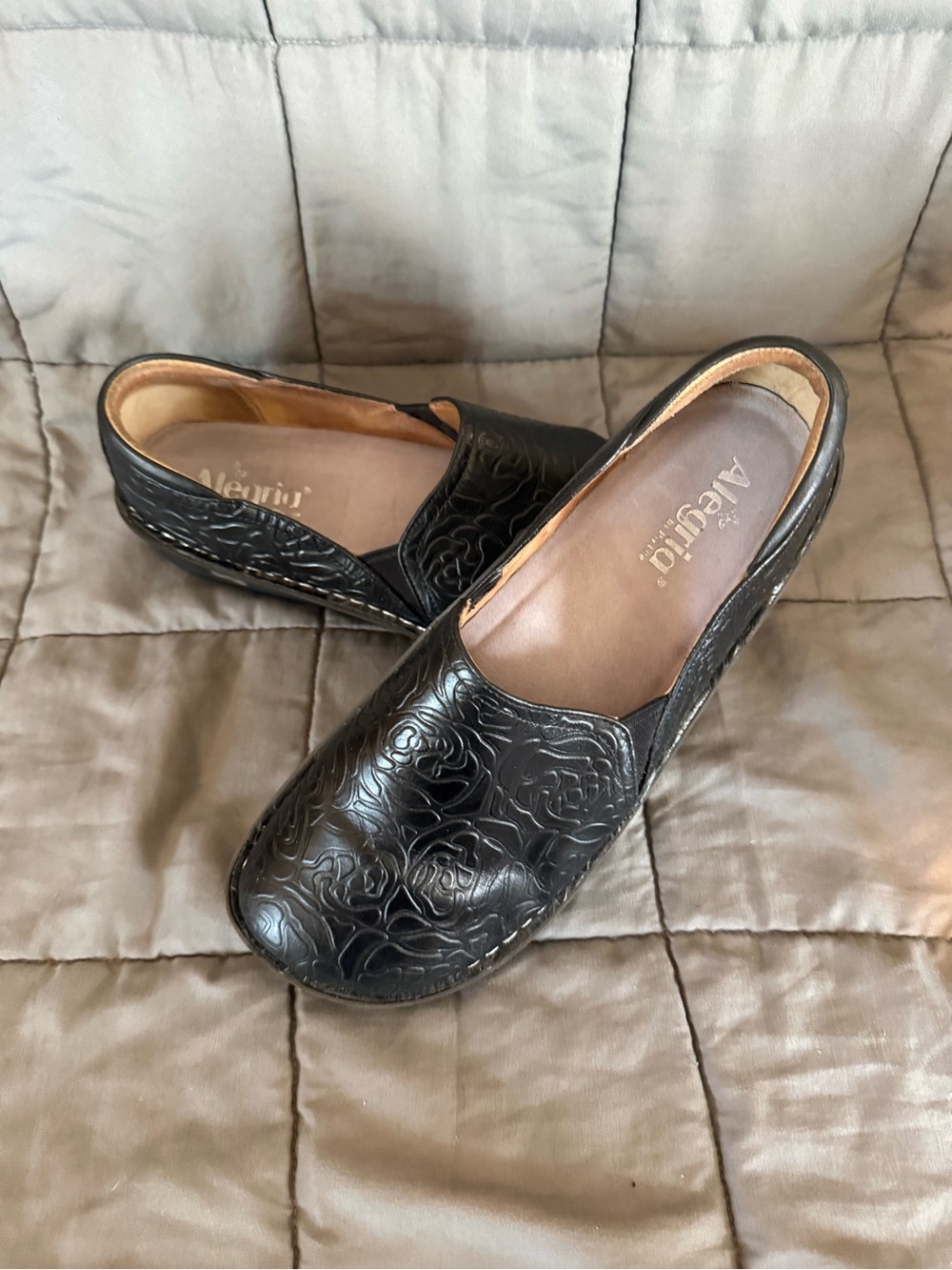 Alegria Black Embossed Leather Slip-On Clogs